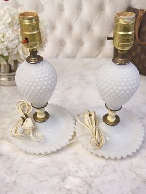 Vintage Pair of White Hobnail Milk Glass Table Lamps